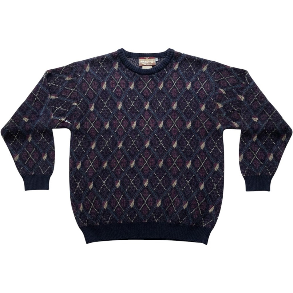 Top Knit Argyle Sweater Large Navy Blue Baby Alpaca Wool Crewneck Dark Academia